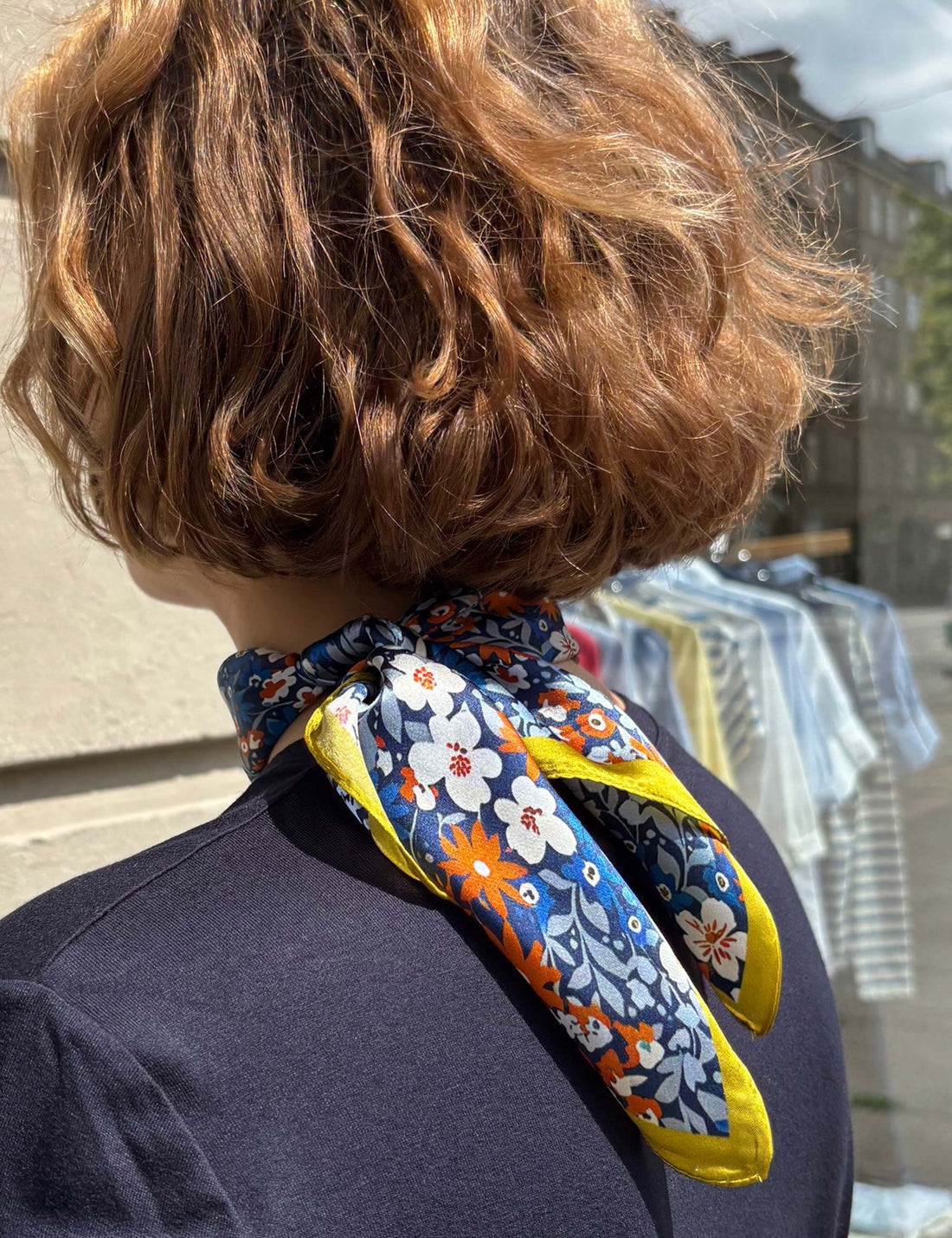 Silk scarf blue/rust/light blue flower