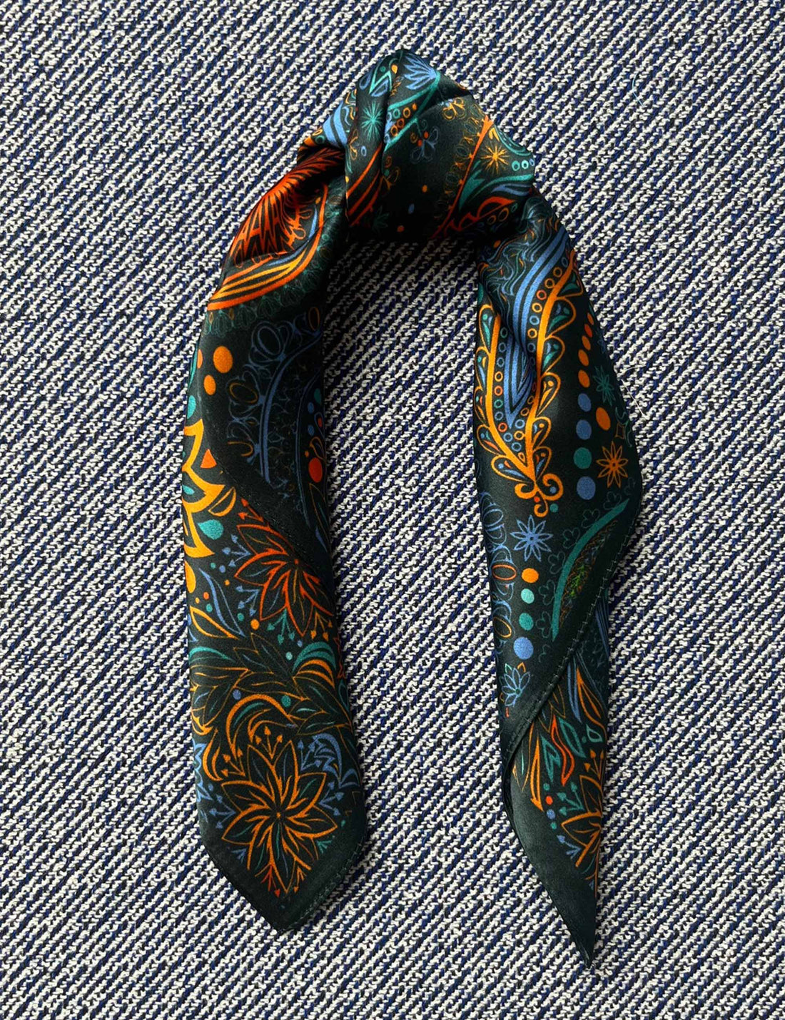 Silk scarf bottle green/orange/blue paisley