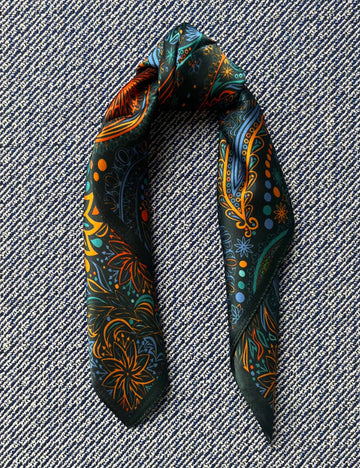 Silk scarf bottle green/orange/blue paisley