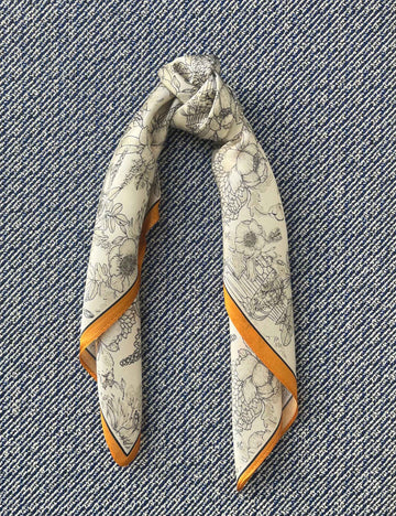 Silk scarf cream black flower/orange