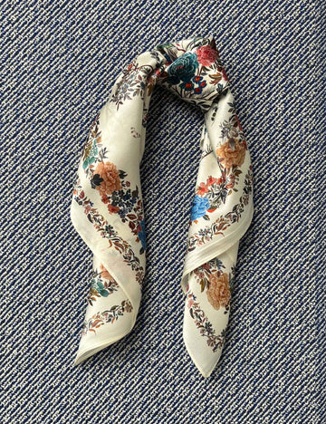 Silk scarf cream blue rose flowers and birds