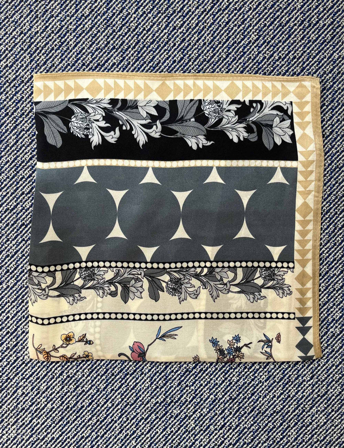 Silk scarf cream japanese flower/grey graphic