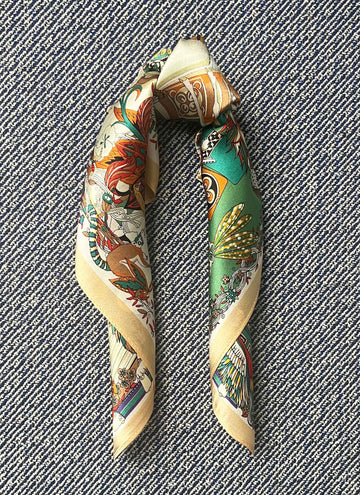 Silk scarf off white multi animals/birds