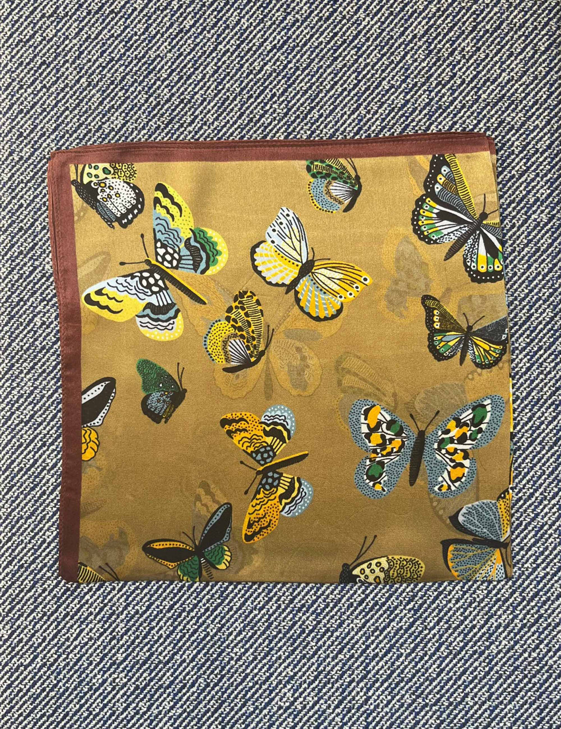 Silk scarf gold/army with butterflies