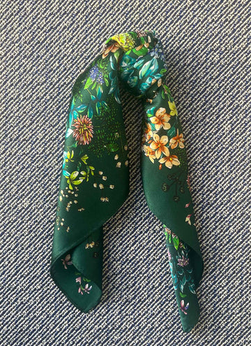 Silk scarf bottle green/multi flower