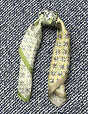 Silk scarf off white mint graphic flower