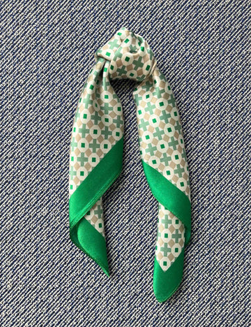 Silk scarf green/white/nude graphic