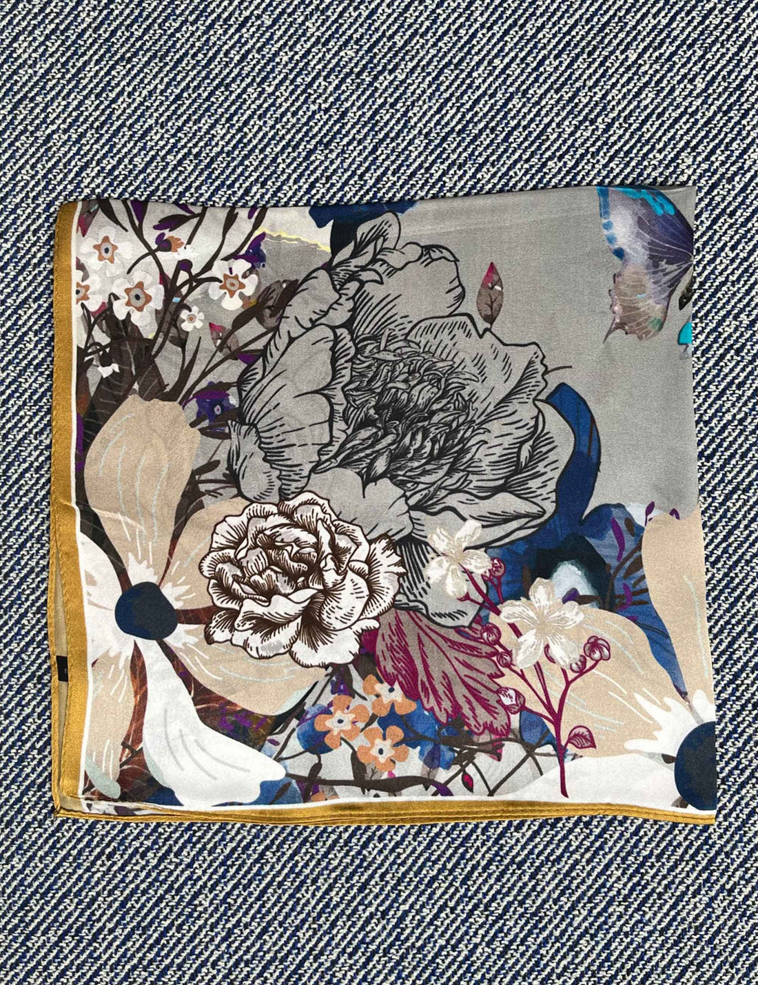 Silk scarf grey multi flower and butterflies