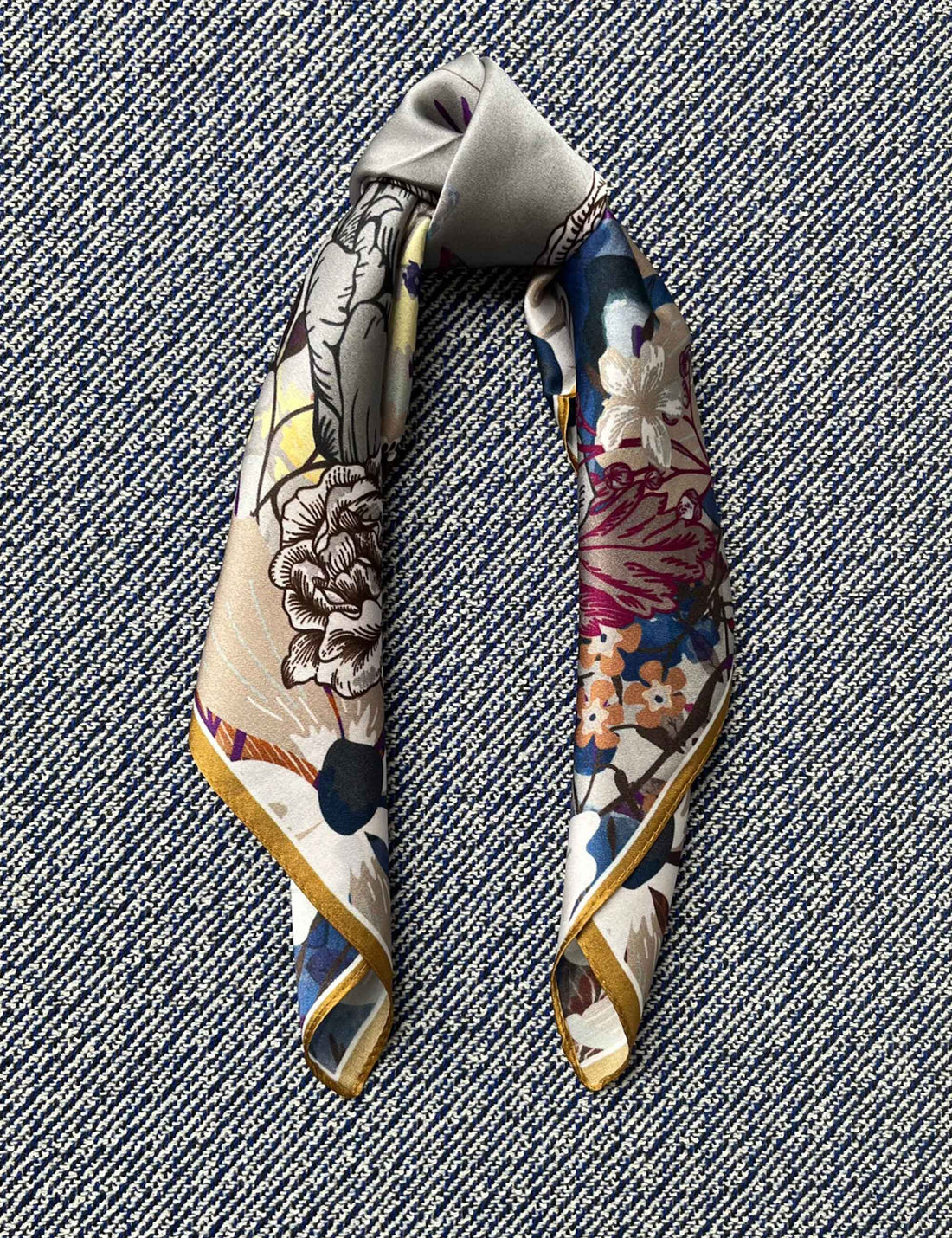 Silk scarf grey multi flower and butterflies