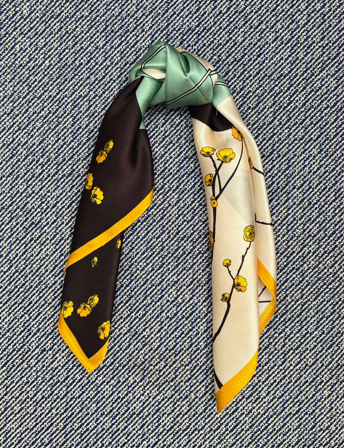 Silk scarf cream yellow japanese flower