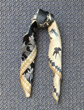 Silk scarf cream japanese flower/grey graphic