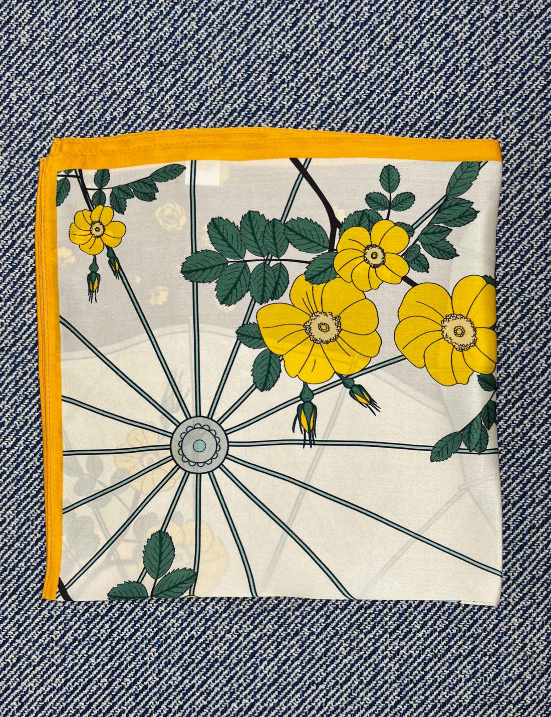 Silk scarf cream yellow japanese flower