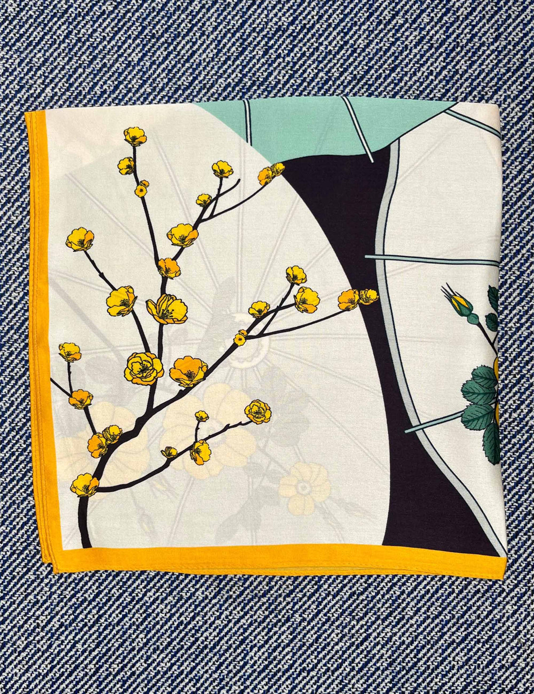 Silk scarf cream yellow japanese flower