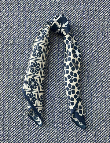 Silk scarf navy/cream graphic flowers