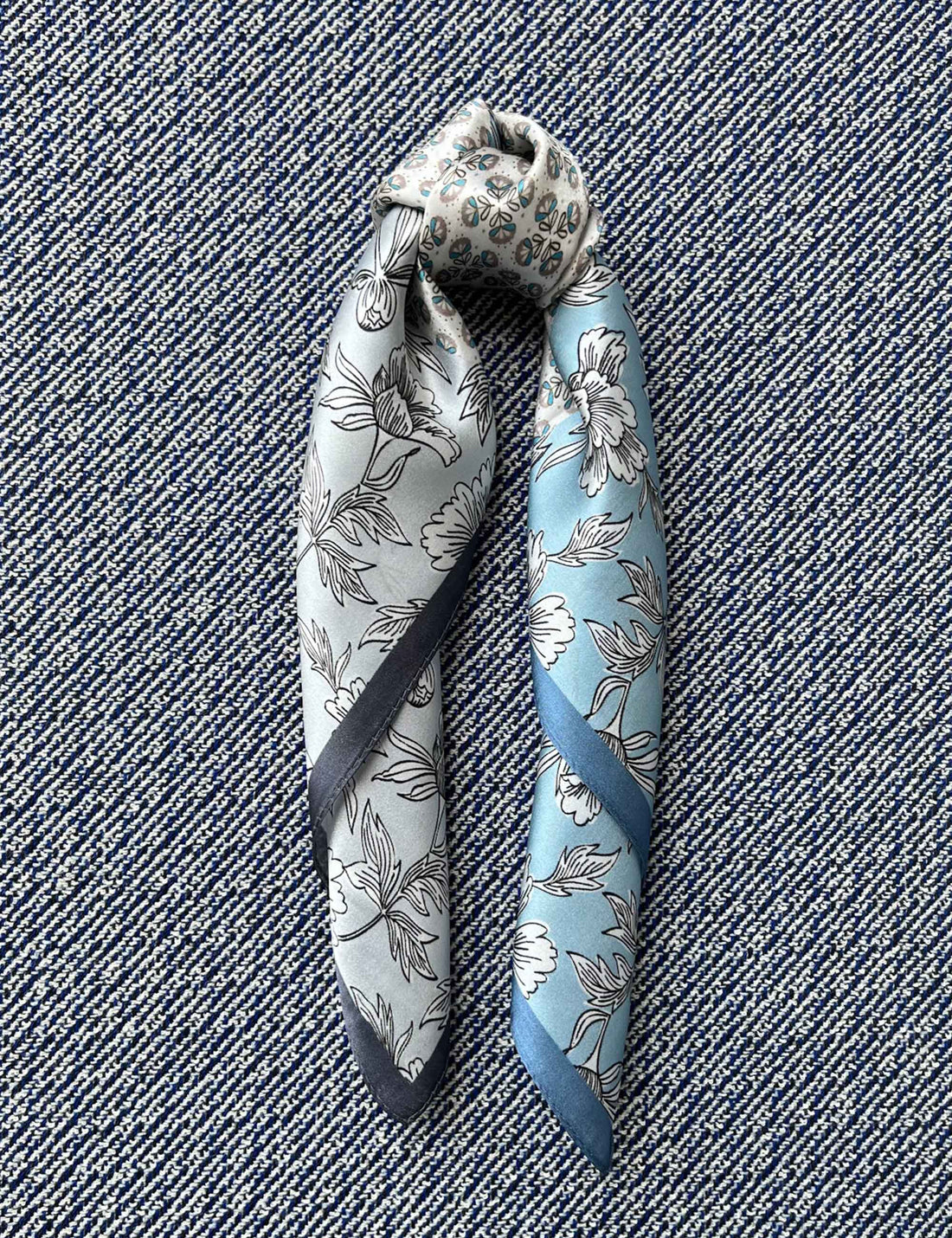 Silk scarf off white blue graphic flower