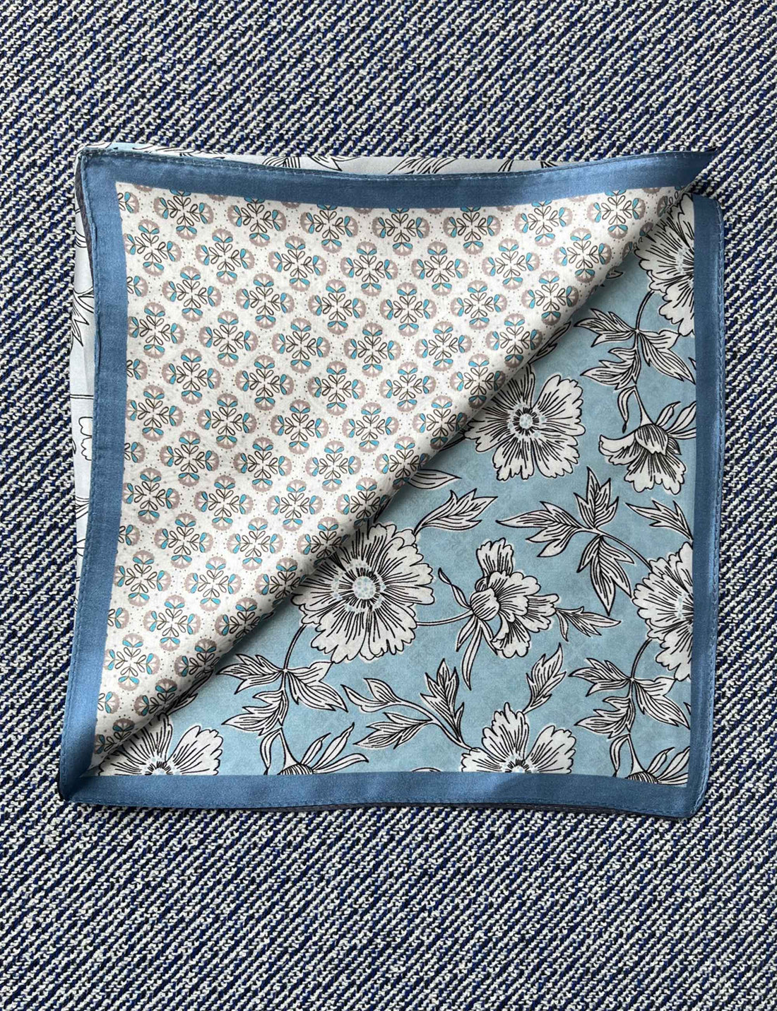 Silk scarf off white blue graphic flower