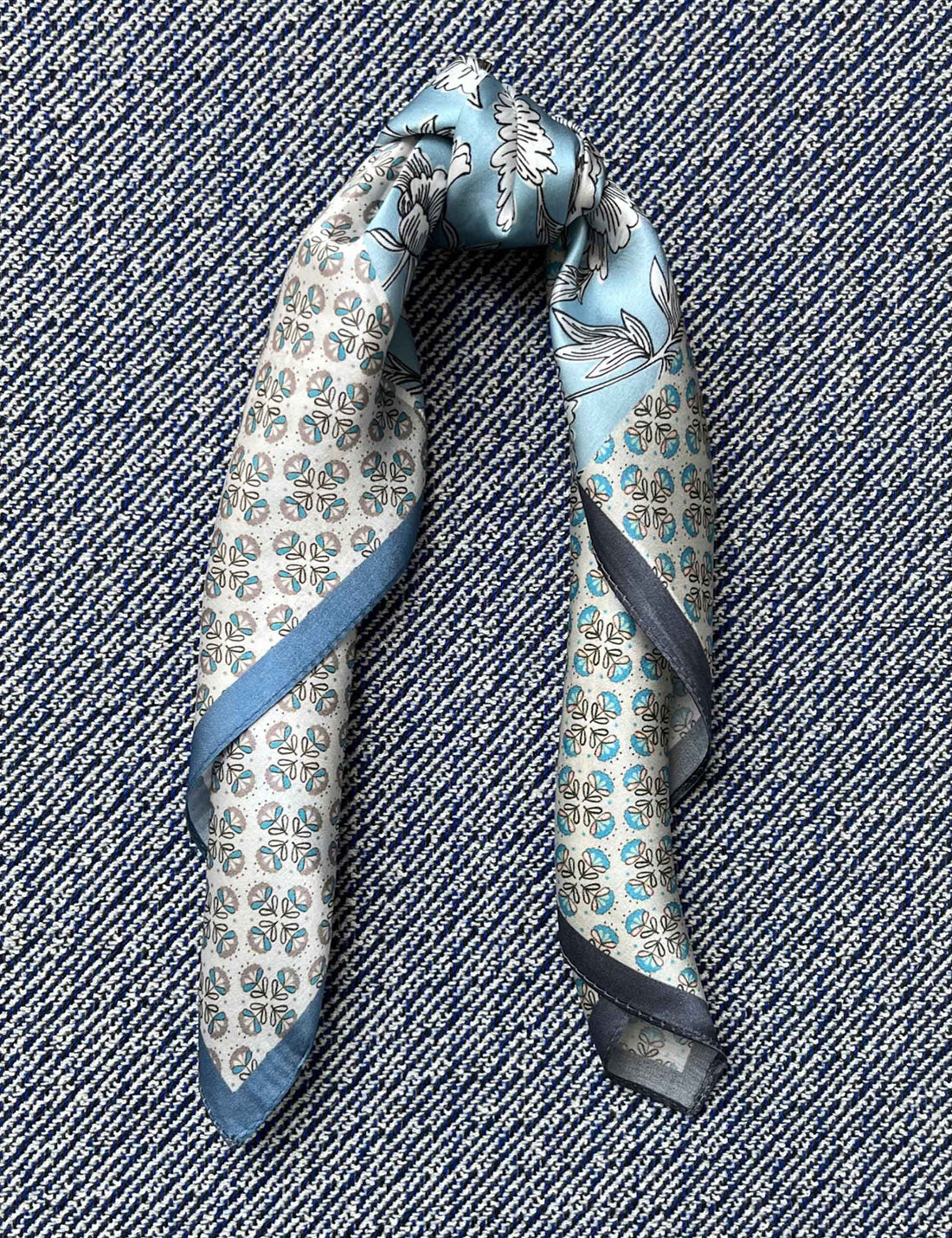Silk scarf off white blue graphic flower