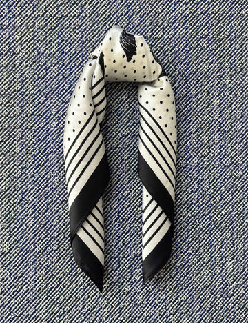 Silk scarf off white black dots flowers and stripes