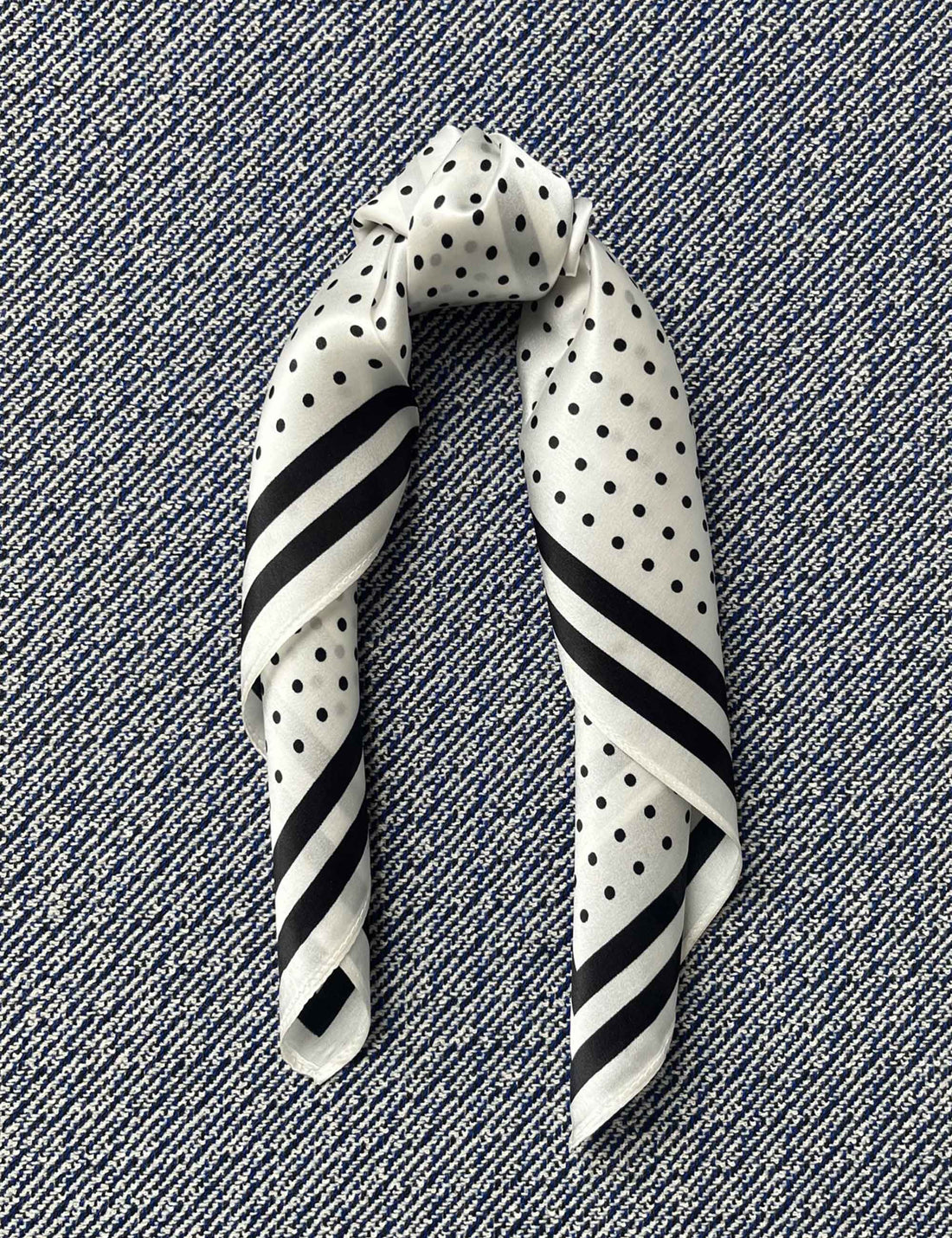 Silk scarf off white black small dots and stripes