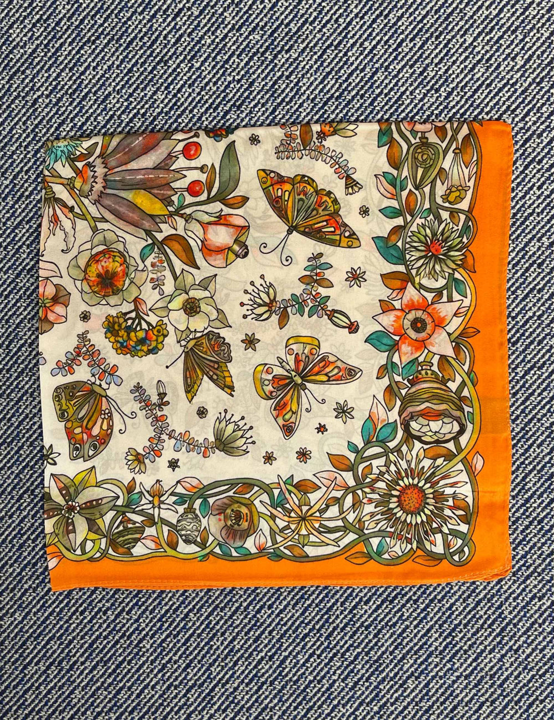 Silk scarf off white/orange/green butterflies and flowers