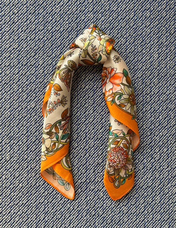 Silk scarf off white/orange/green butterflies and flowers