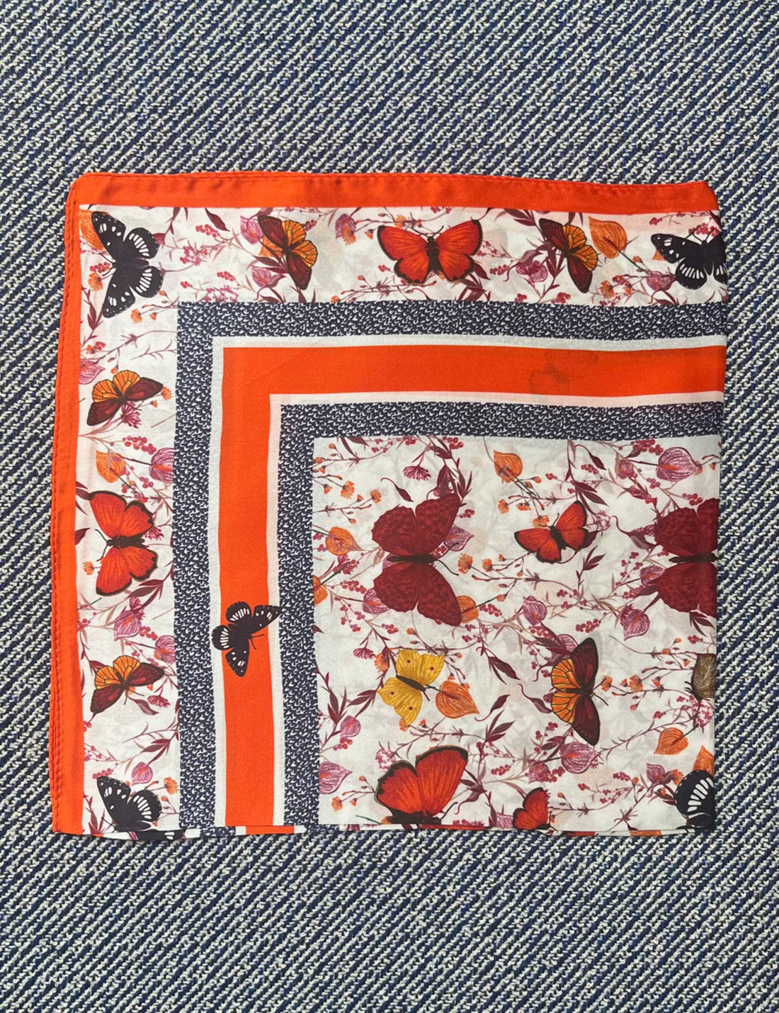 Silk scarf white/orange/burgundy butterflies