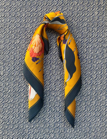 Silk scarf orange/blue with flowers and butterflies