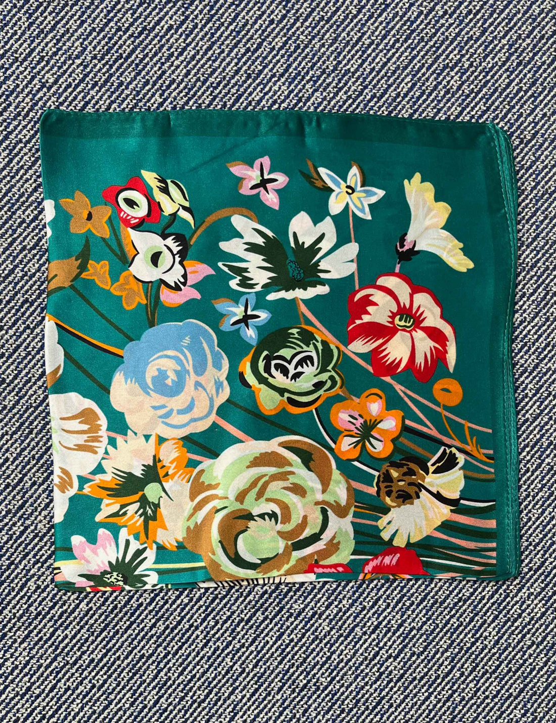 Silk scarf turquoise multi flower