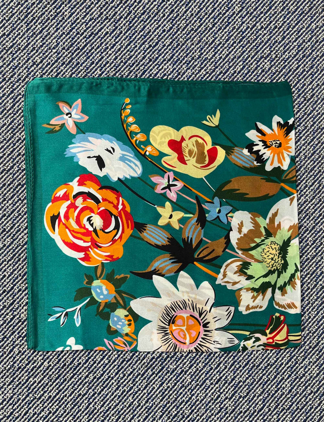 Silk scarf turquoise multi flower