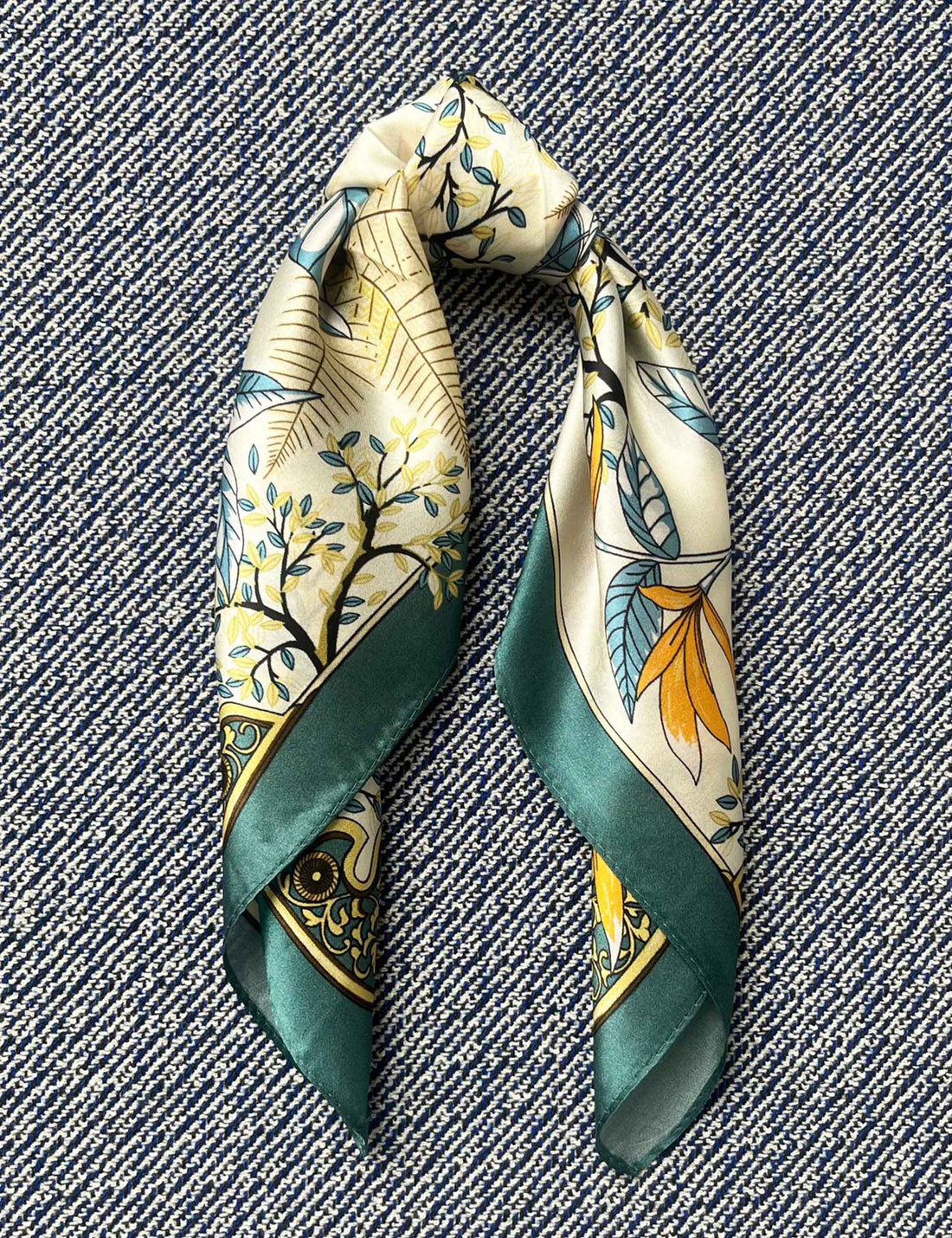 Silk scarf cream/blue/yellow petrol flowers