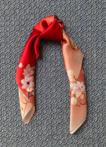 Silk scarf red flower/birds