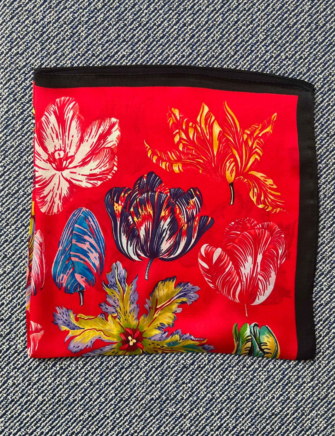 Silk scarf red multi flowers