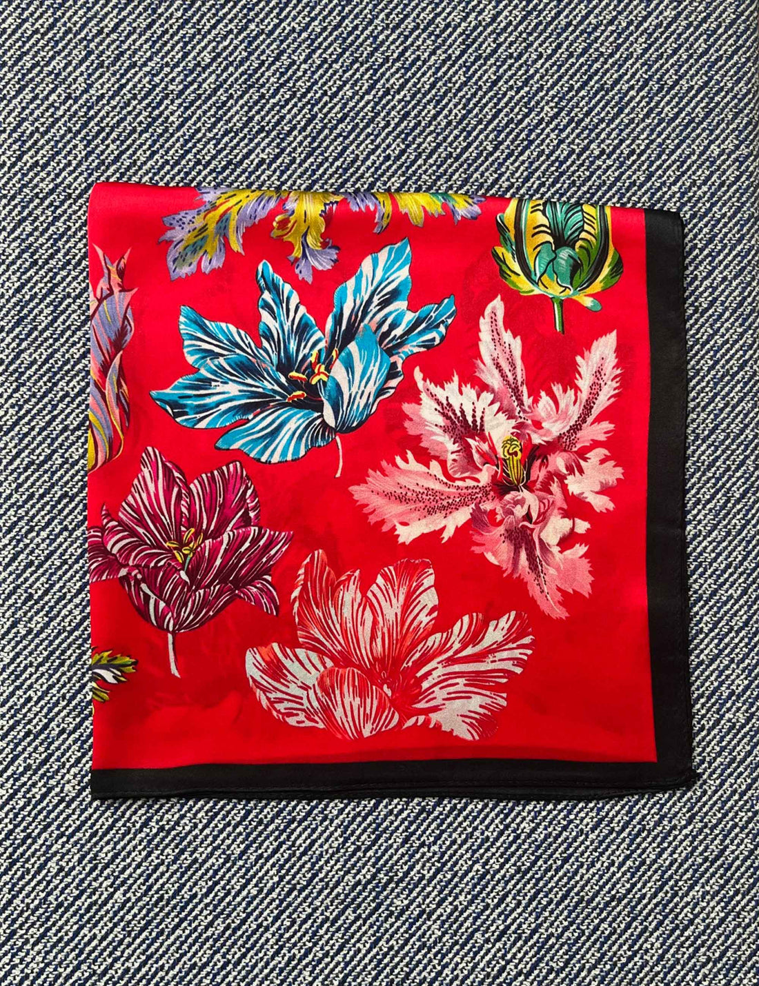 Silk scarf red multi flowers