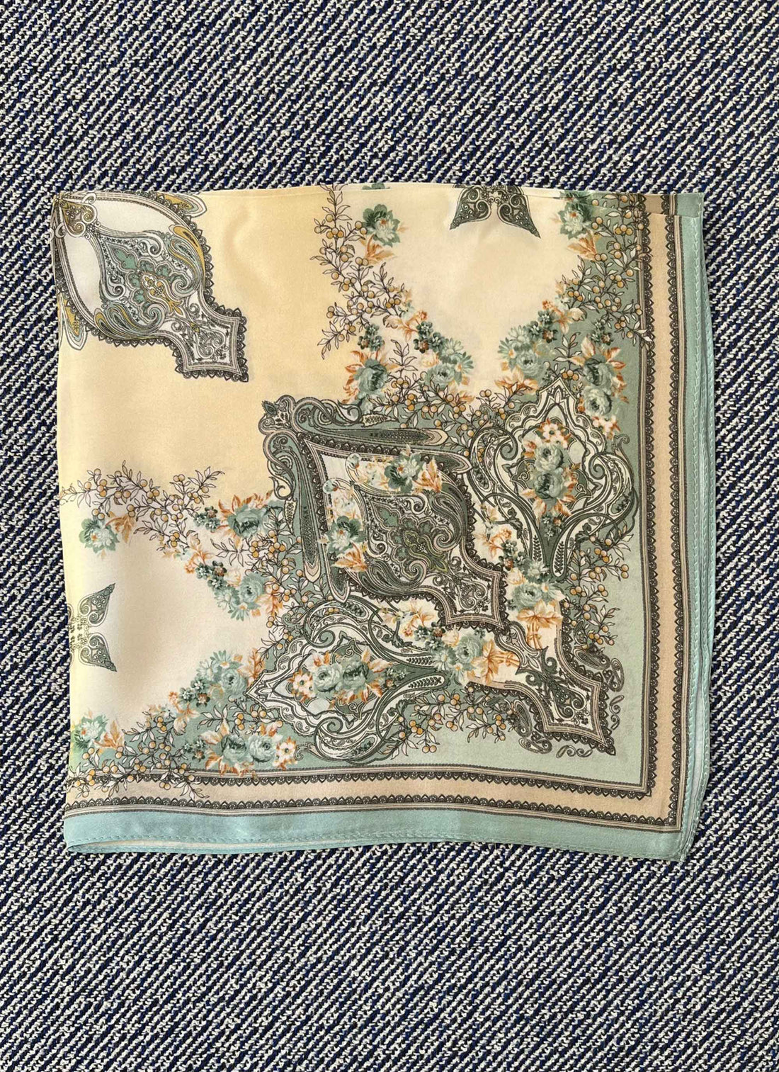 Silk scarf vanilla aqua green rococo/paisley