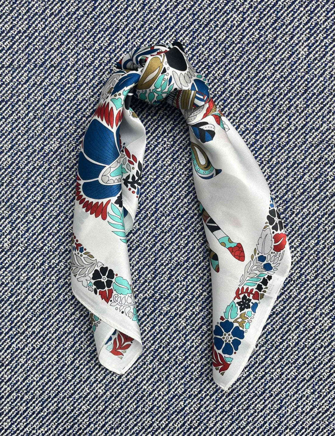 Silk scarf white multi flower/birds