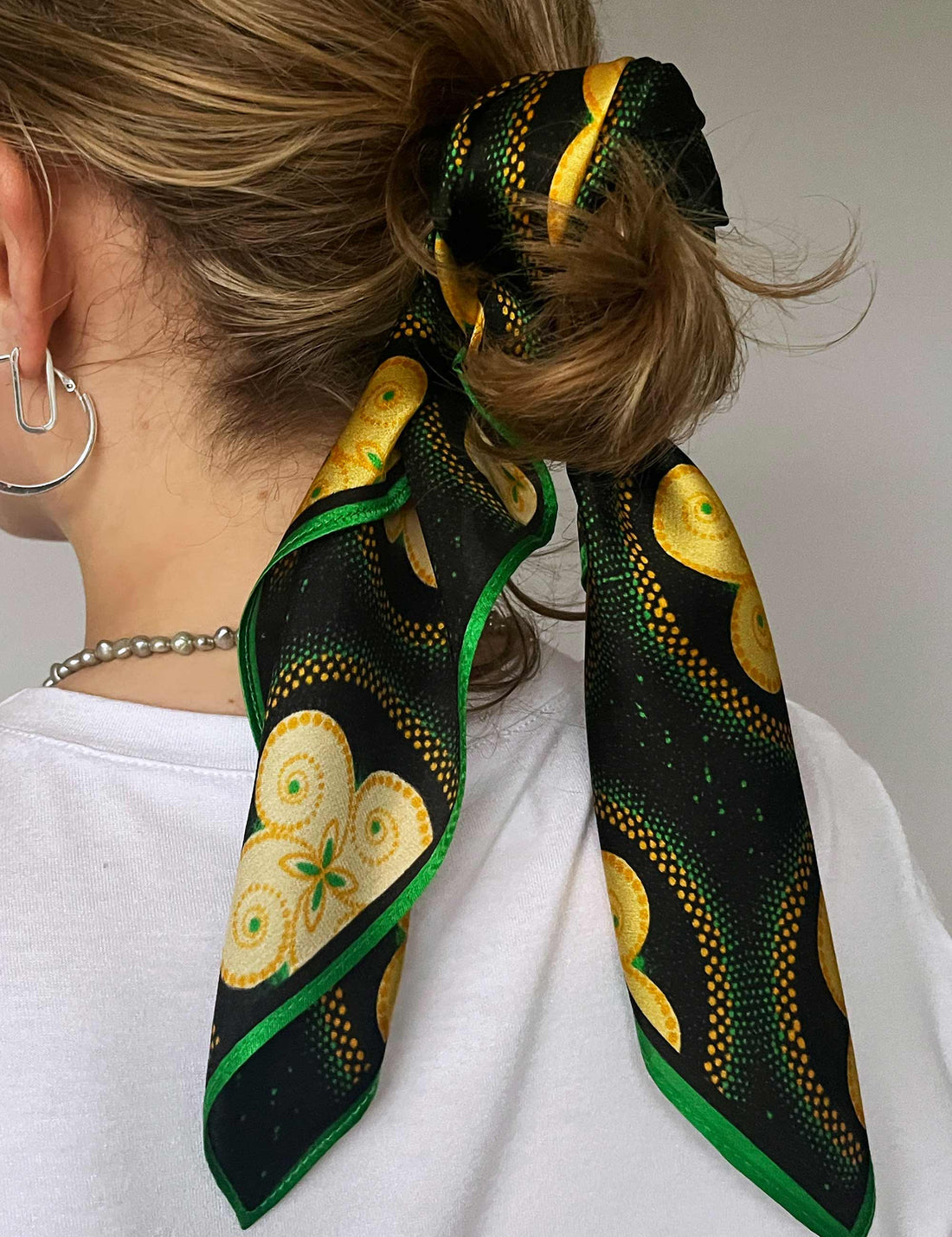 Silk scarf black/green/yellow graphic print