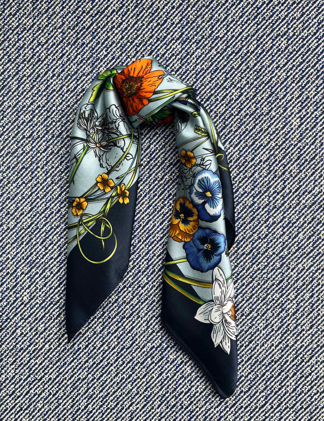 Silk scarf blue/navy multi flower