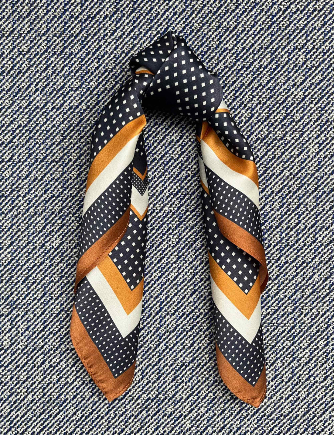 Silk scarf navy/white/rust dots and stripes