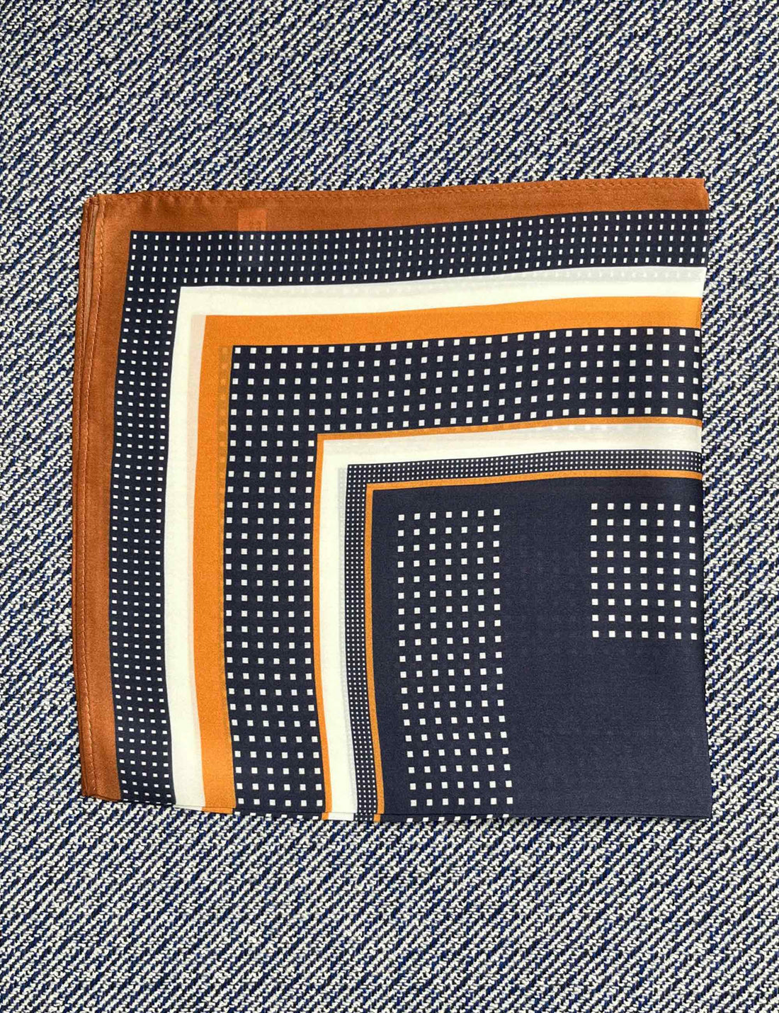 Silk scarf navy/white/rust dots and stripes