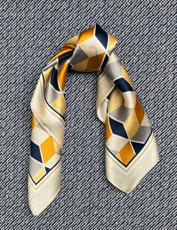 Silk scarf navy/yellow/cream graphic