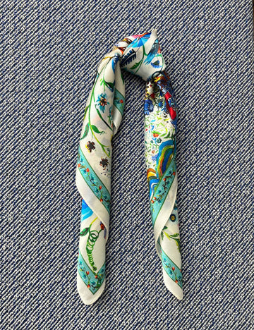 Silk scarf off white/blue/red multi flower