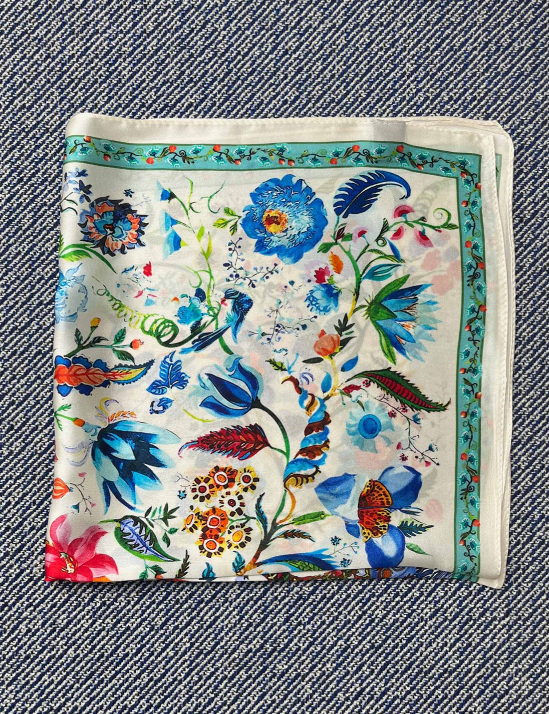 Silk scarf off white/blue/red multi flower