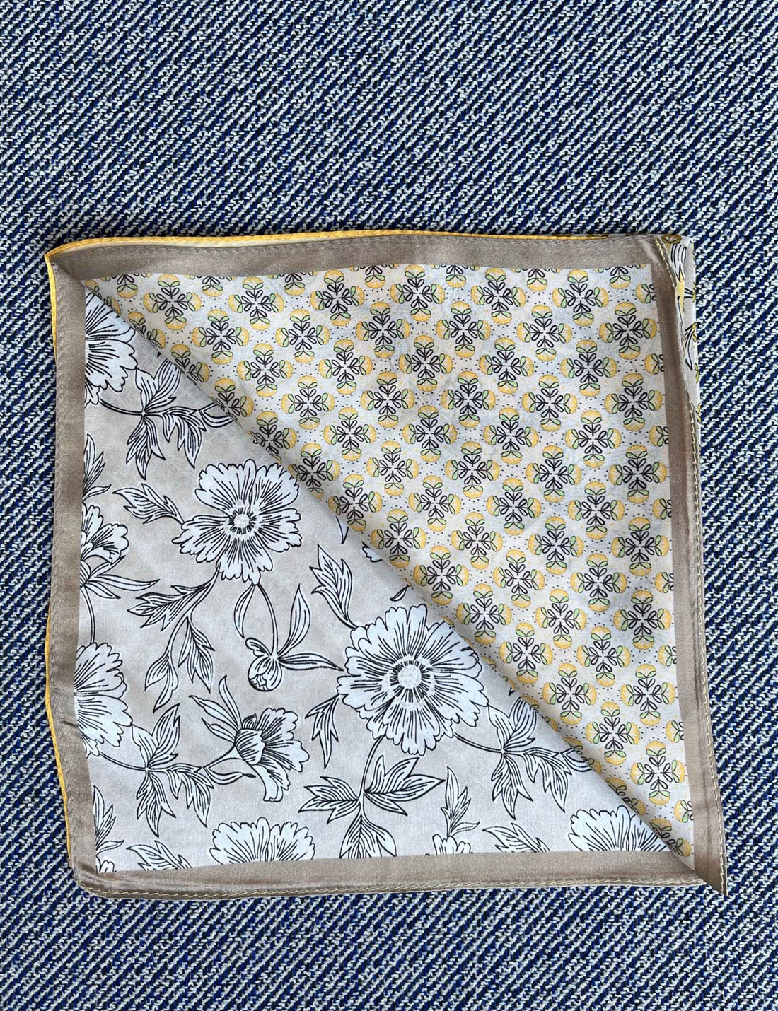 Silk scarf off white yellow graphic flower