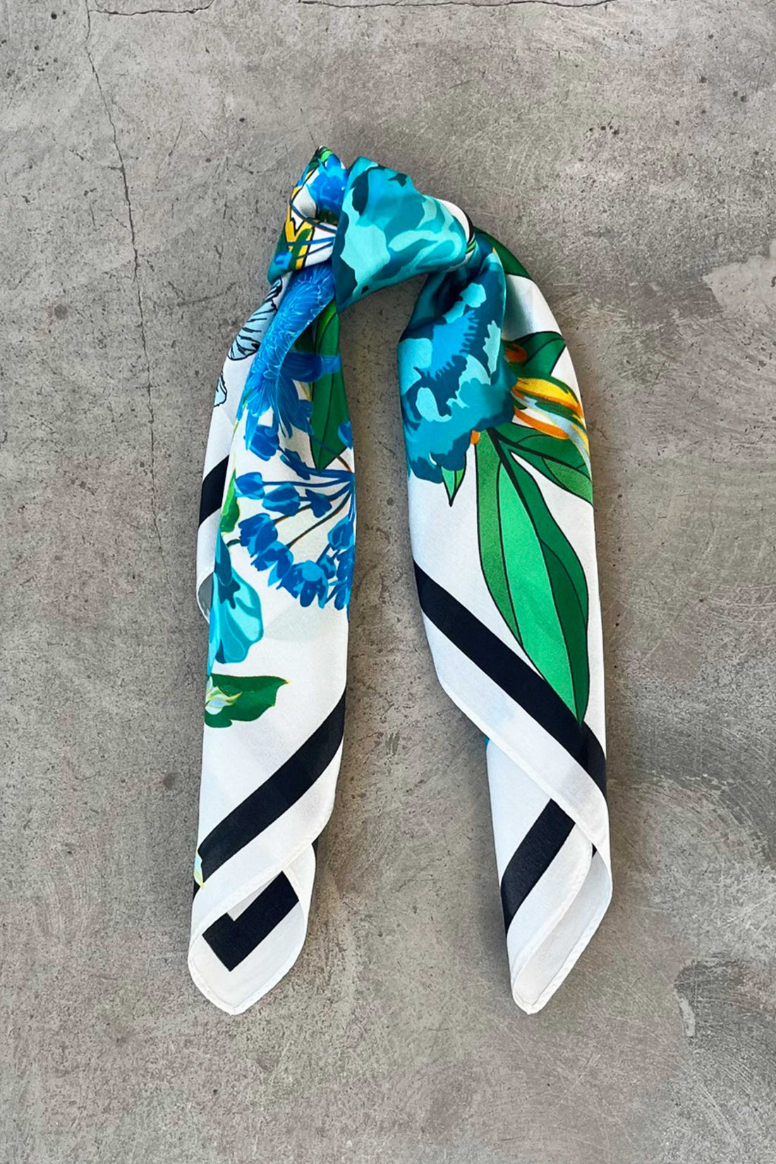 Silk scarf off white blue multi flower