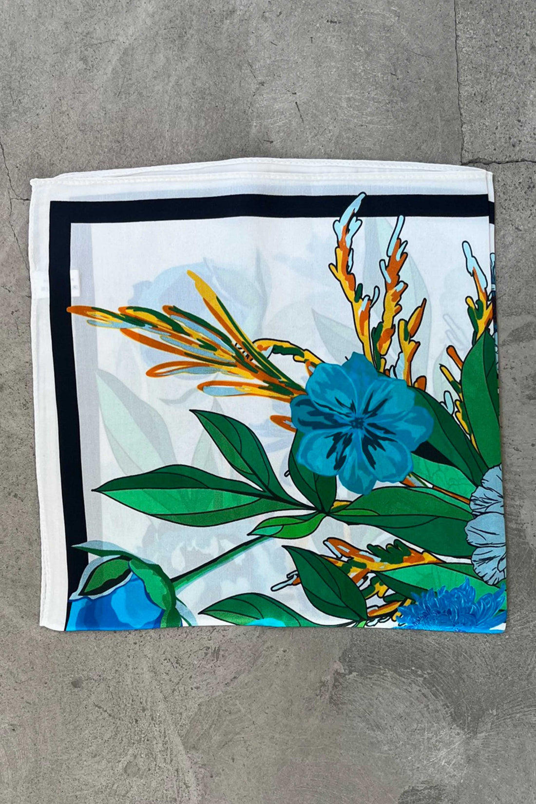 Silk scarf off white blue multi flower