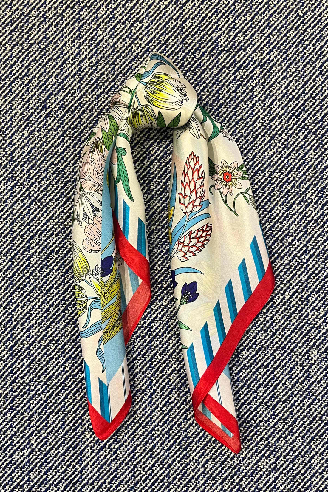 Silk scarf light blue/off white/red multi flower