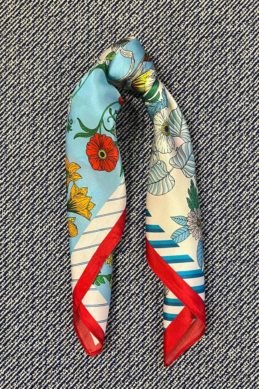 Silk scarf light blue/off white/red multi flower