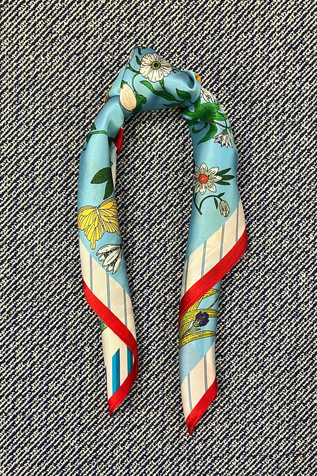 Silk scarf light blue/off white/red multi flower