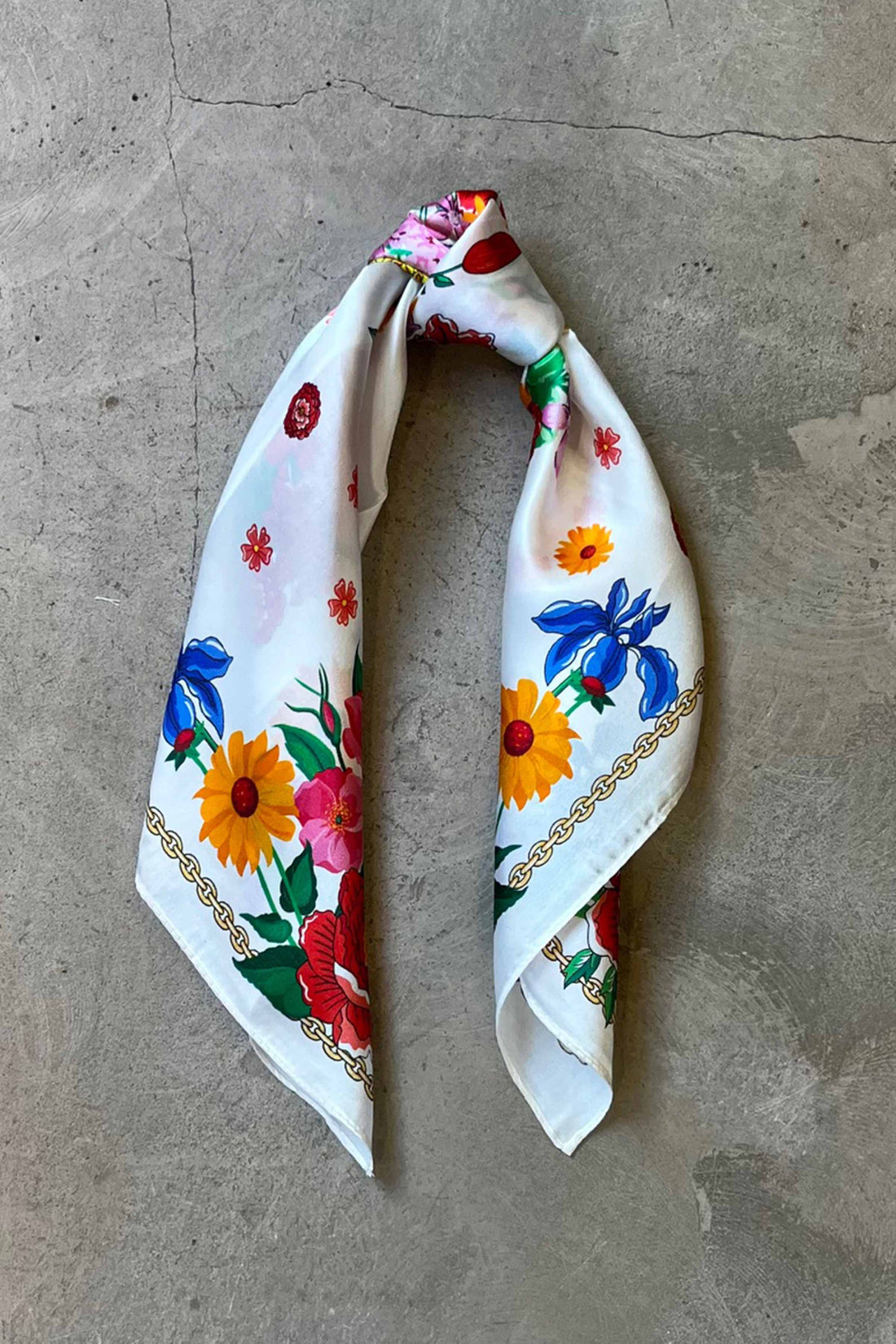 Silk scarf off white pink/red multi flower